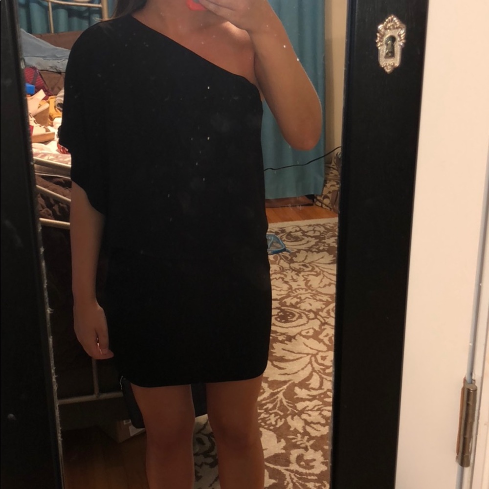 Black one shoulder dress with drape sleeve